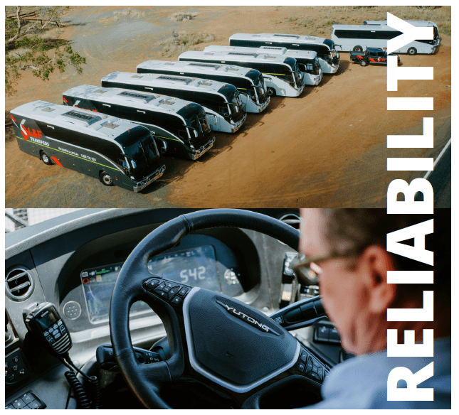 Our luxury buses / coaches available for hire parked beside the Capricorn Highway. Looking over a bus driver's shoulder at the bus steering wheel. The text RELIABILITY runs over both images.